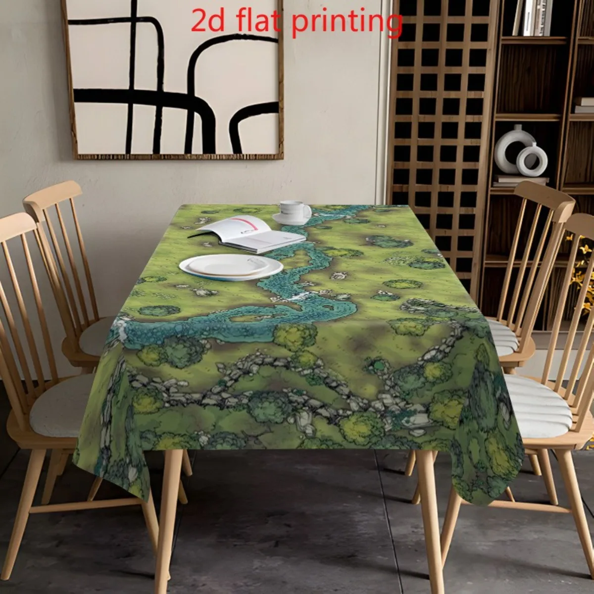 Vibrant Green River Landscape Tablecloth Waterproof Spillproof Dining Table Cover for Home Decor
