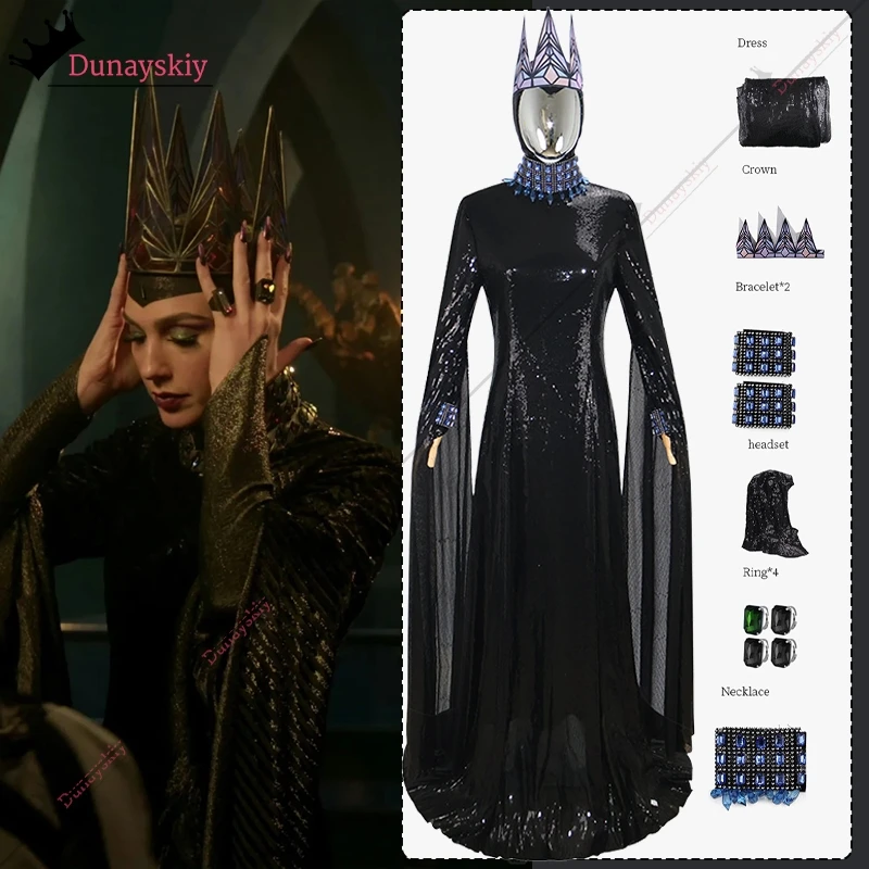 Злая Королева Косплей Костюм Фильма Черный Яркий Блесток Длинное Платье Корона Ожерелье Кольца Ювелирные Изделия Аниме Костюм Для Ролевых Игр Женский xs-3xl