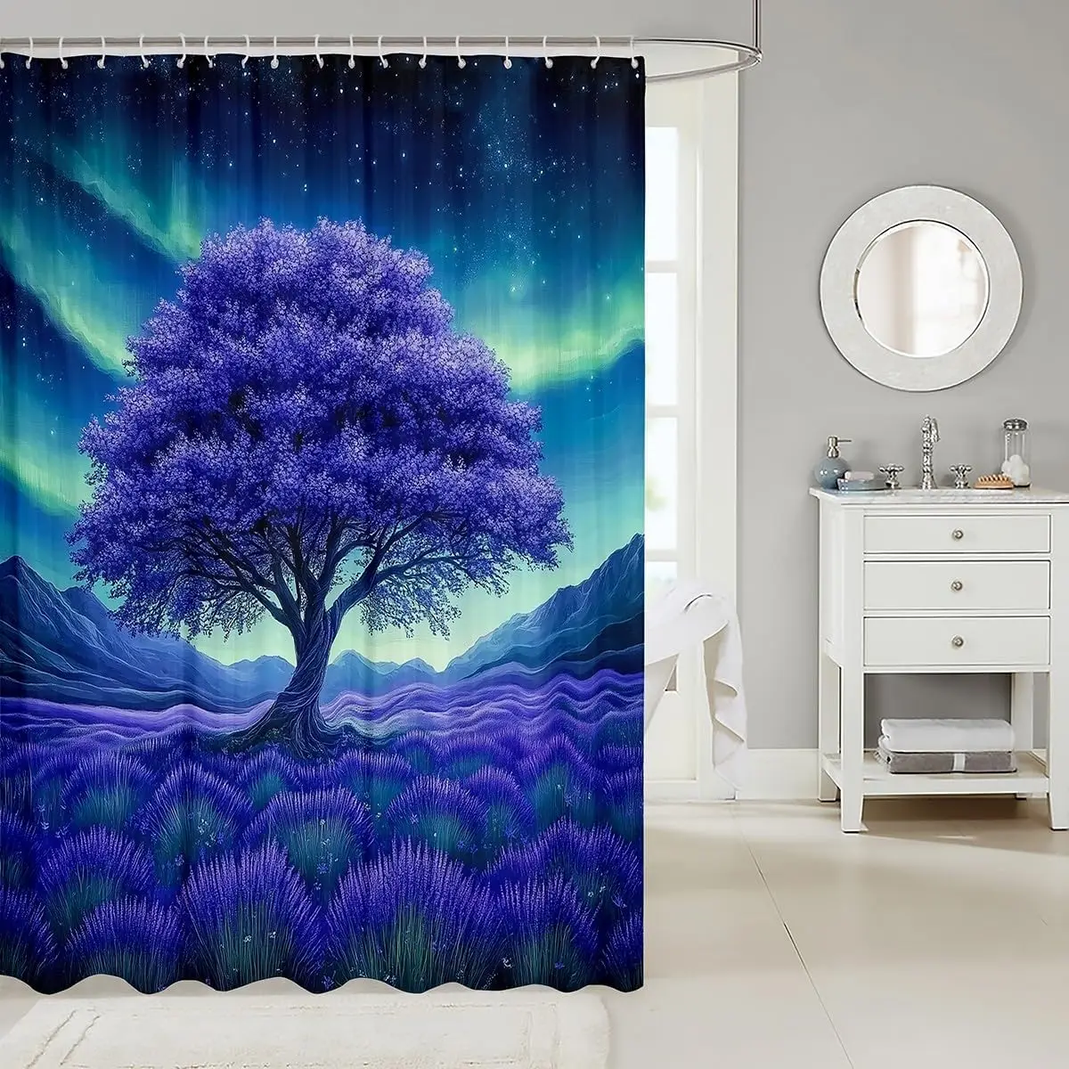 Shower Curtain Purple Wisteria Tree Aurora Northern Lights Floral Nature Boho Bathroom Decor Wallpaper