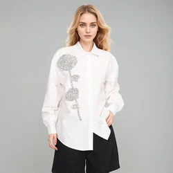 Solid Patchwork Diamonds Casual Loose Shirt For Women Lapel Long Sleeve Spliced Single Breasted Minimalist Blouse Female New