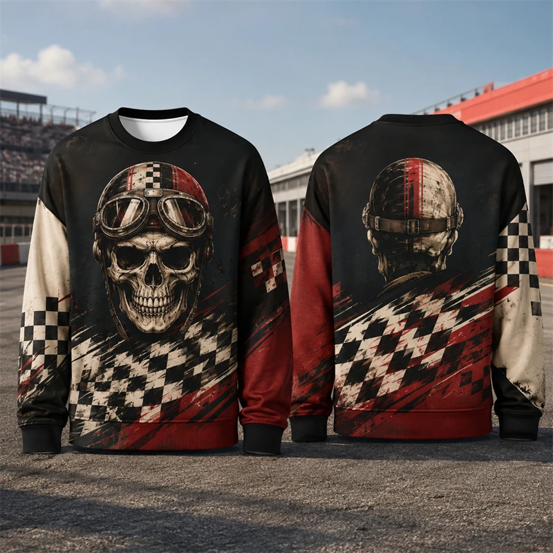 Men Sweatshirt 3D Print Skull Racer Retro Checkered Plaid Paint Art Pullover Top Motor Party Outfit For Biker Fan Street Hoodie