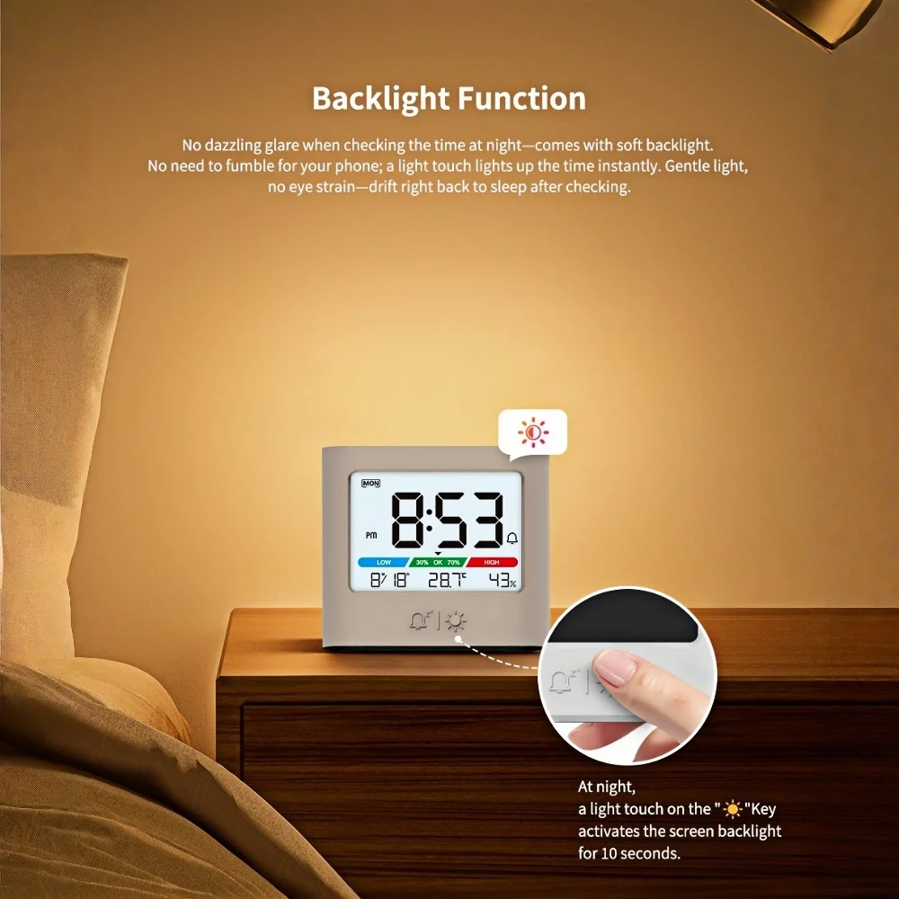 Battery Powered Digital Alarm Clock Backlight TEMP Humidity Date Travel Table Clock 12/24H Date Format Switching LCD Wall Clock view 5