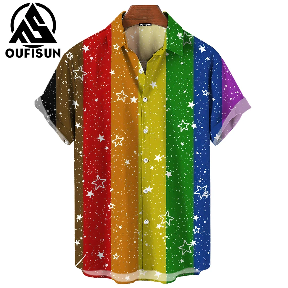 New Summer Fashion Pride Month Party Rainbow Print Men\'s Short Sleeve Casual Shirt Tops Street Trend Party Oversized Shirt S-5XL