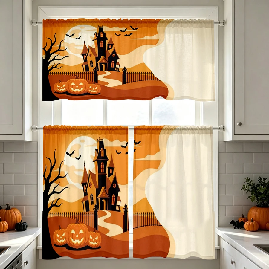 Halloween Fall Kitchen Curtains, Haunted House Moon Bat, Digital Print, Kitchen Dining Room, Rod Pocket Polyester, Home Decor