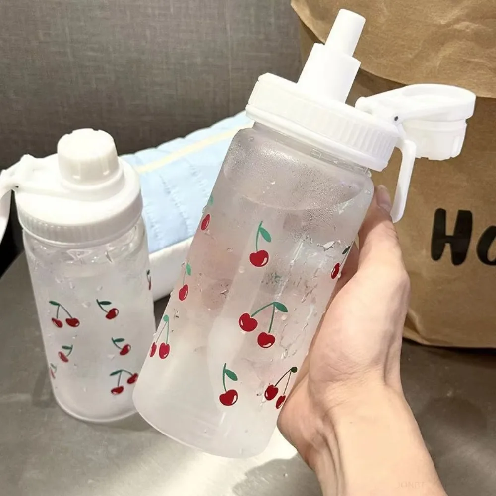 

Kawaii 500ML Cherry Water Bottle with Straw Frosted Design Juice Drinkware Clear Body Coffee Cup Juice Storage