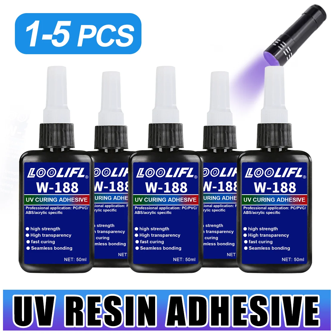 LOOLIFL 188 Strong 50ml UV Resin Glue Curing Adhesive UV Curing Crystal Glass and Metal Bonding Welding With UV Curing Lamp Tool