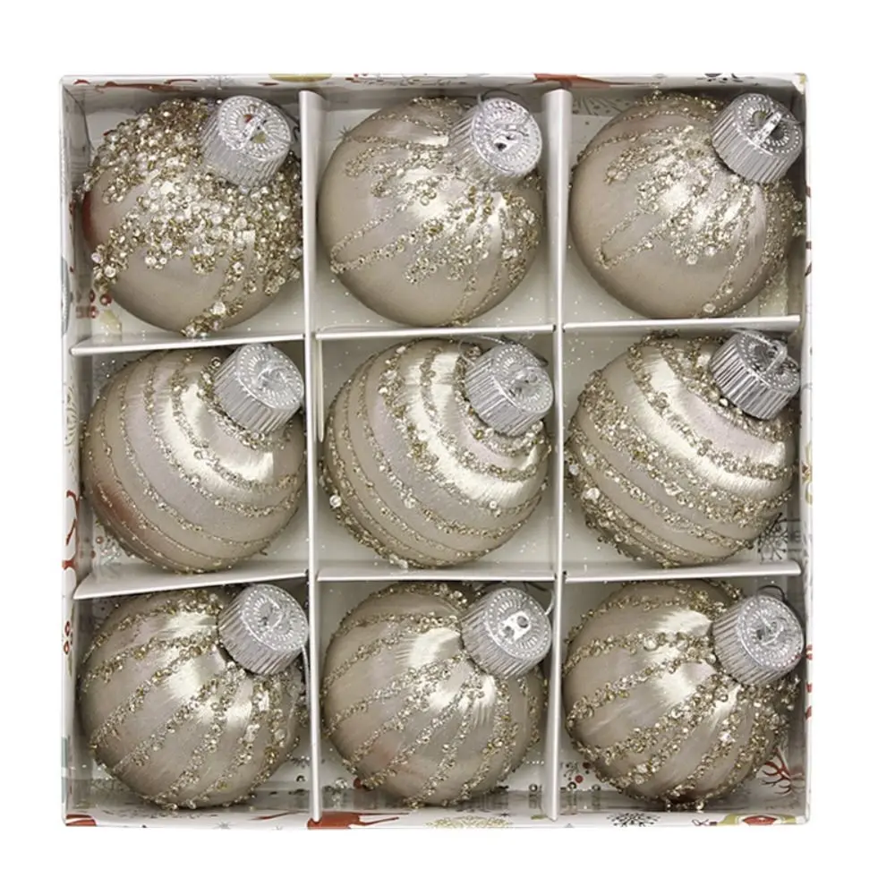 9pcs 8cm Christmas Silk Thread Balls Plastic Round Hand-painted Ball Ornament Anti Drop Christmas Tree Hanging Ball New Year