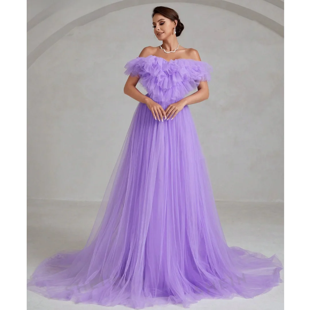 Mina-de noche con hombros descubiertos para mujer, traje de tul púrpura lavanda, línea A, Formal, PARA CENA, boda y fiesta, 202