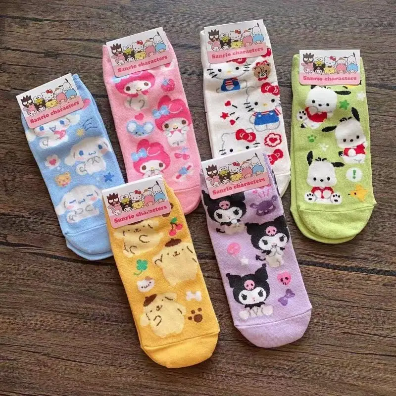 جوارب سانريو هالو كيتي ماي ميلودي كورومي سينامورول أنيمي ثنائية الأبعاد، جوارب قصيرة مريحة على شكل قلب فتاة حلوة قابلة للتنفس