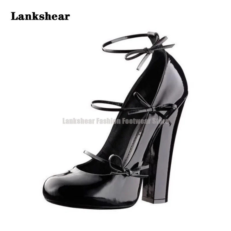 Gray Patent Leather Thick Heels Shoes Bow Round Toe Strap White High Heels Women\'s Thick Heels Black Single Shoe Big Size 34-45