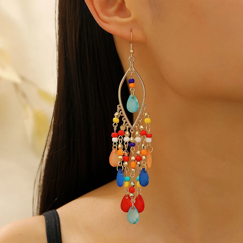 Ethnische Lange Acryl Wasser Tropfen Ohrringe für Frauen Retro Boho Gold Farbe Hohl Quaste Ohrringe Bijoux Femme Zubehör – Detail 17