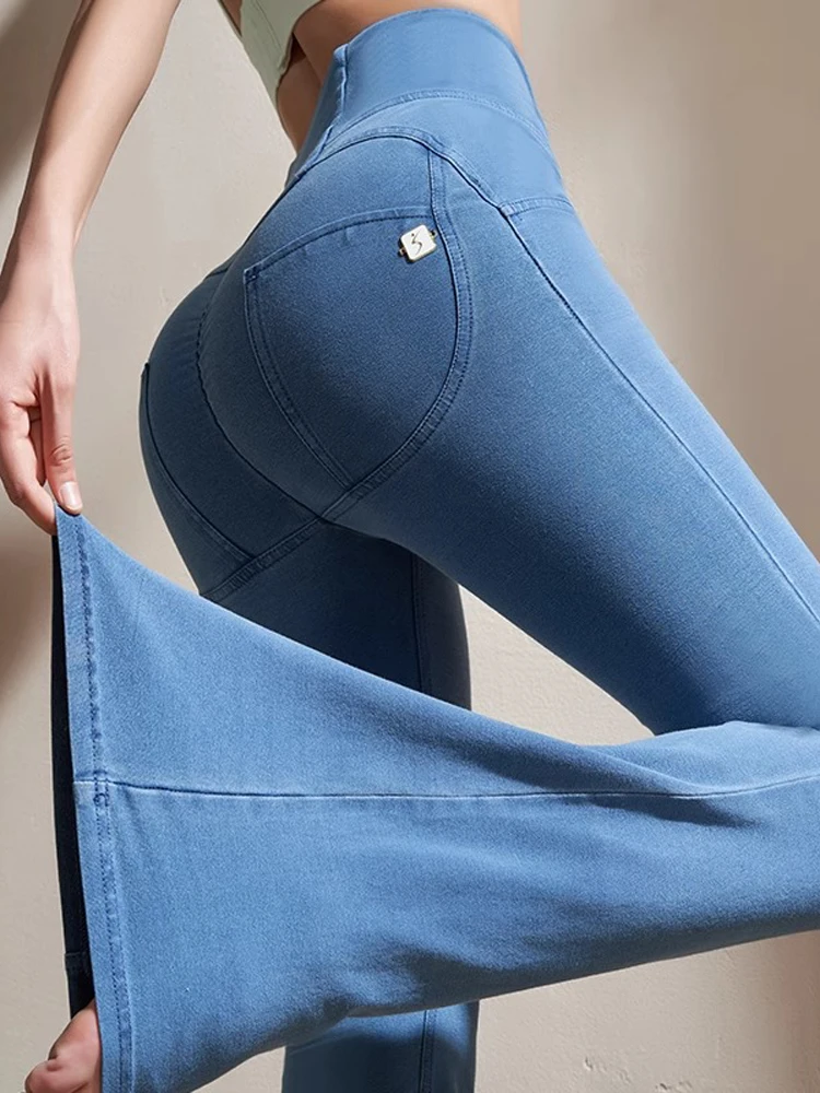 

Модные женские джинсовые брюки для йоги с высокой талией, спортивные брюки-капри с высокой талией, быстросохнущие, расклешенные, для фитнеса и тренировок