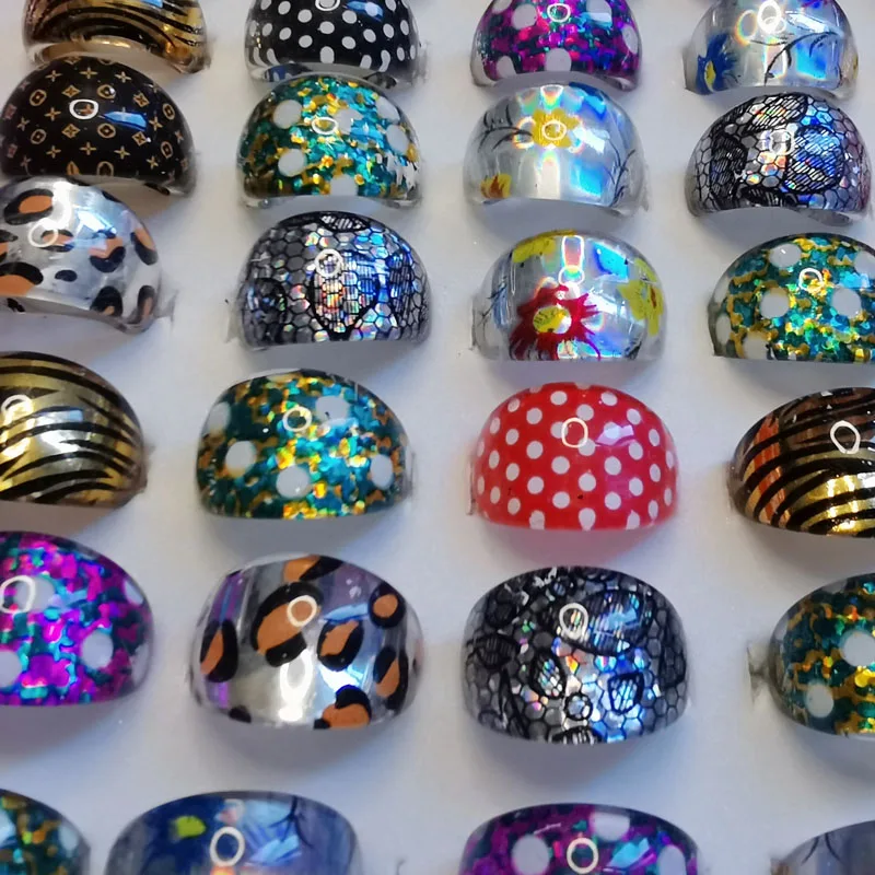 20pcs Punk Geometric Round Resin Rings For Children Leopard Dot Stripe  Acrylic Glitter Finger Ring Female Fashion Party Jewelry