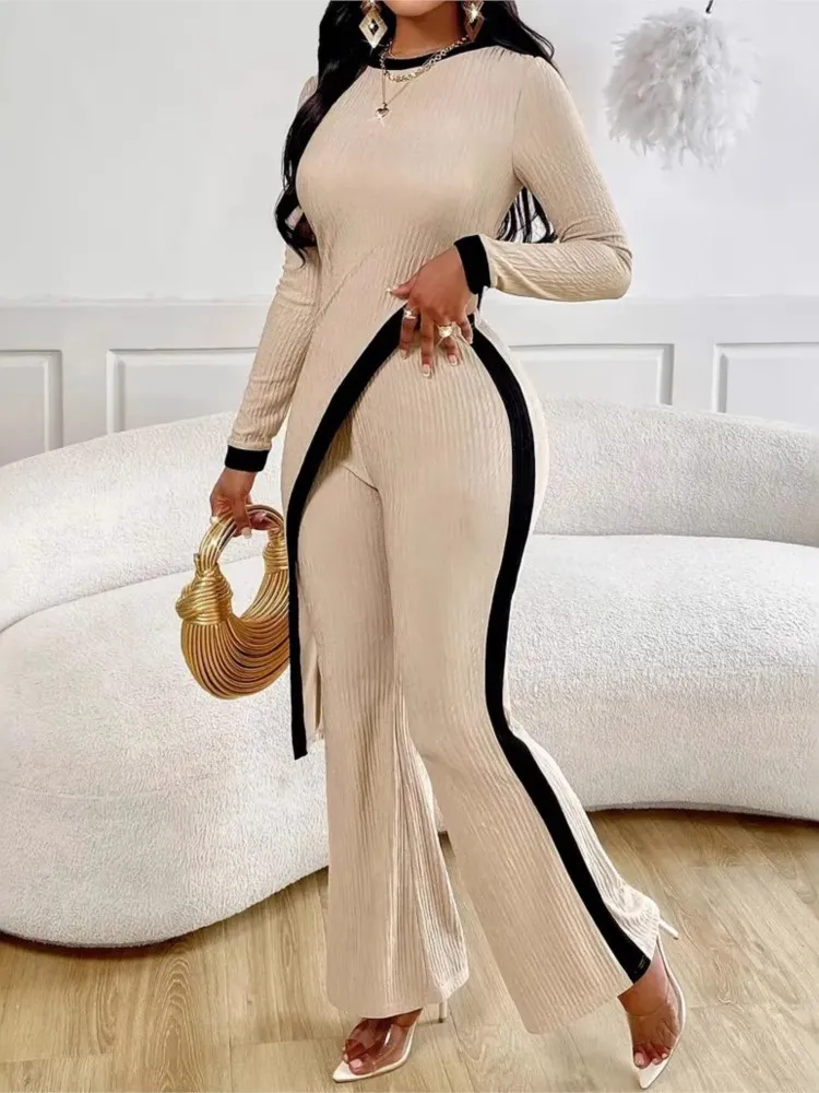 

Elegant Temperament Slim Trousers Set Autumn Fashion Long-sleeved Contrasting Color Side Split Top Stitching Pants Two-piece Set