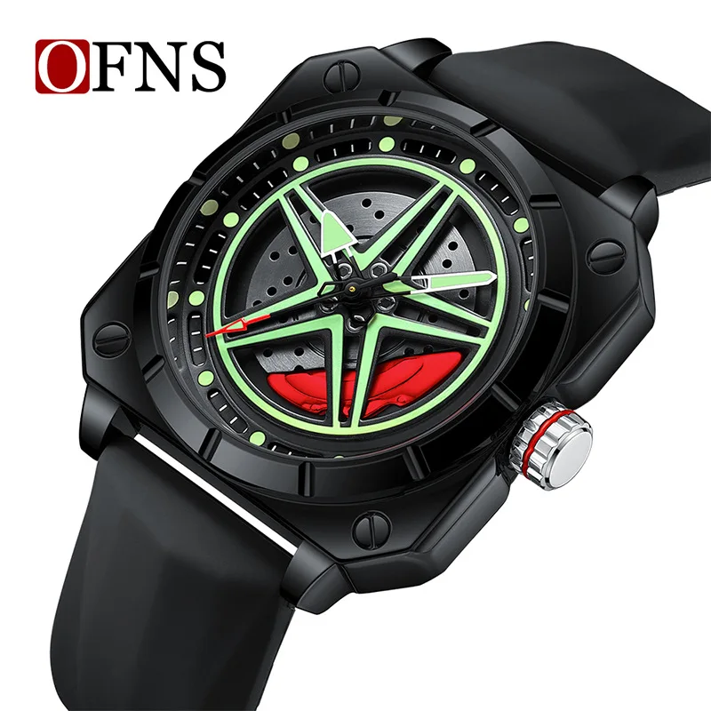 OFNS 8017 Men Quartz Watch Fashion Square Pentagram Stars Unique Green Silicone Strap Wristwatch for Male Boy Gift Clock