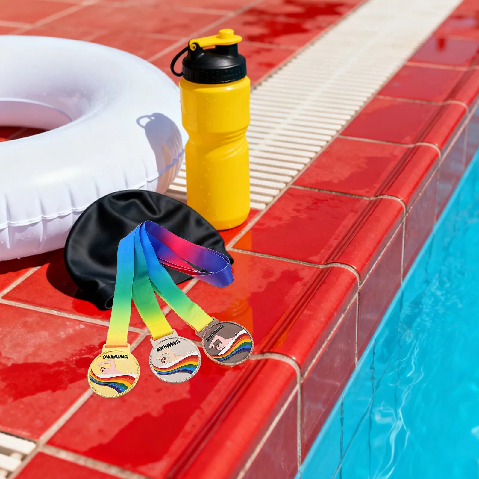 3Pcs Swimming Medals Team Participation Trophies Neck Ribbon Swimming Event Awards Competition Winner Medals Sports Party Favors