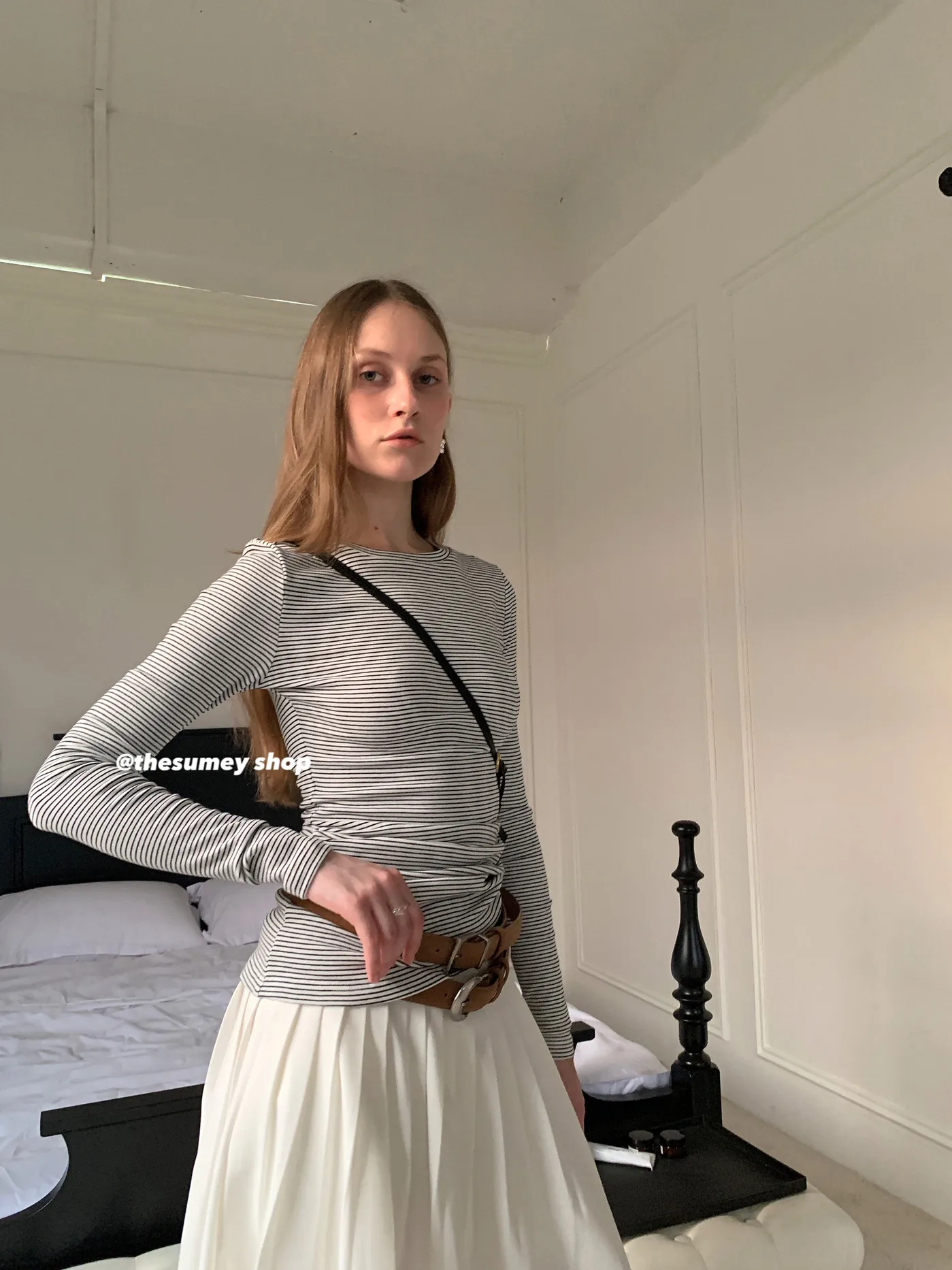 

Slim Fit Long Sve Striped T-irt Women's Base Layer Versatile Autumn Season Casual Commute Sle round Ne Mid-Length