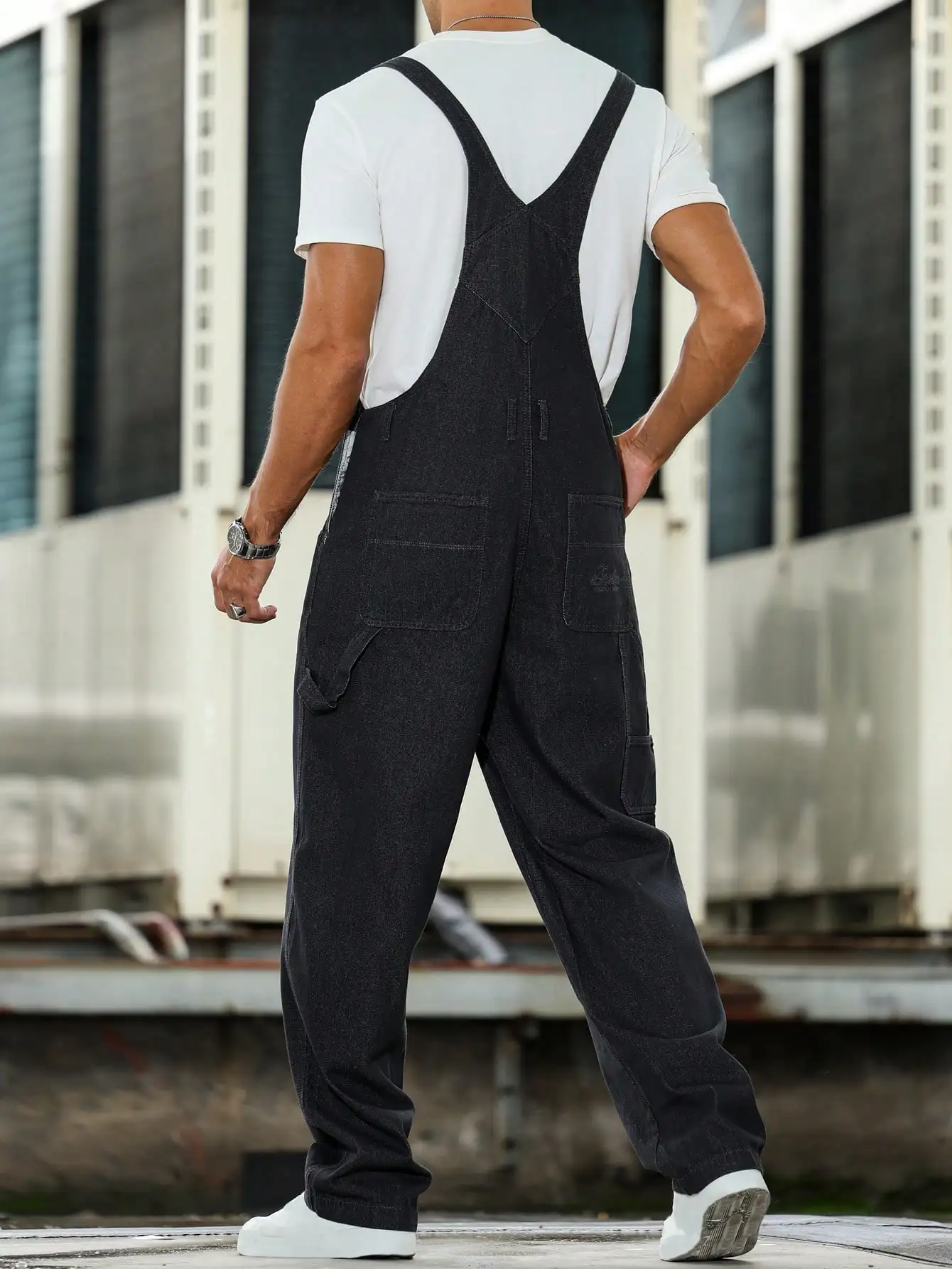 트렌디한 남성용 다크 그레이 데님 오버올, 심플한 작업복 디자인, 세련된 스트리트 스타일, 모든 계절에 적합한 점프수트