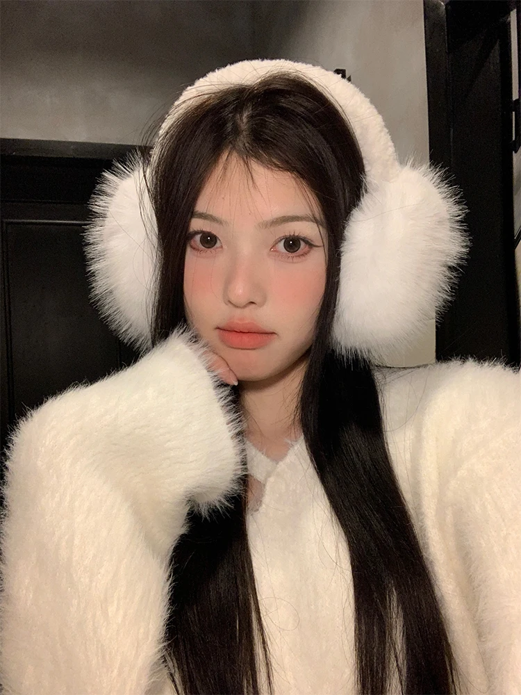 White Rabbit Fur Ear Muffs Soft Cute Plush Bicycle Riding Ear Covers Women's Winter Ear Warmers Windproof Ear Pads