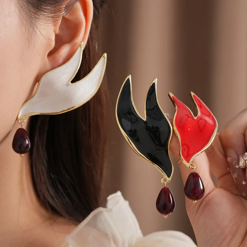 Fashion Show Abstract Flame Enamel Dangle Earrings Marbled Red Glass Drop Statement Long Jewelry For Women Gift