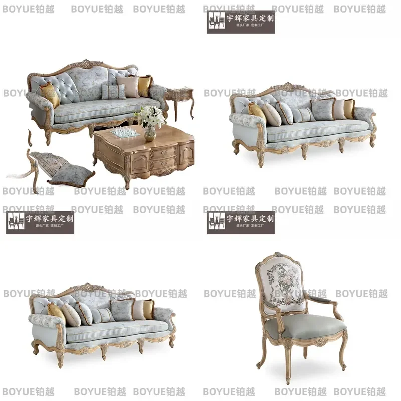French Style Chanson Fabric Sofa Large Living Room Couch for Villa Apartment Four Seater Comfortable Home Furniture