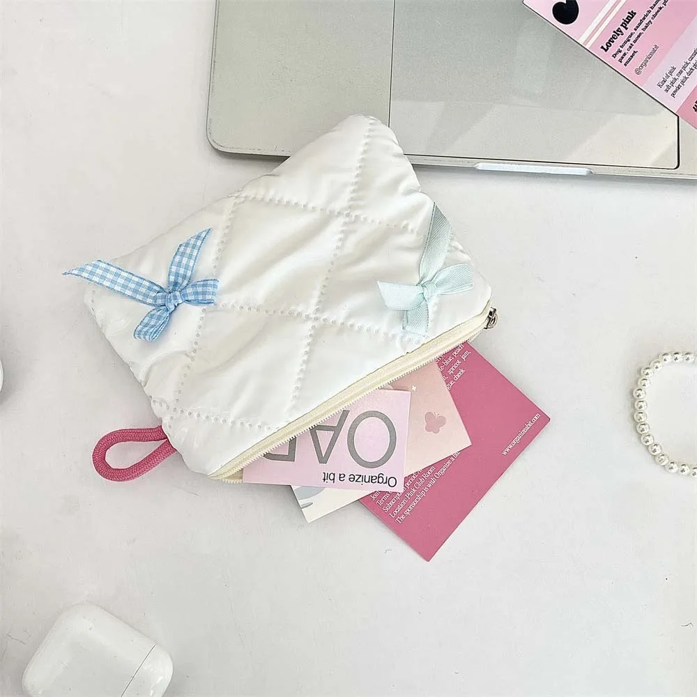 2 buah/set tas penyimpanan Tampon Mini lapisan tunggal dompet penyimpanan katun pita jahitan kotak-kotak warna permen tas dompet Make Up gaya Korea