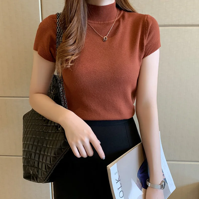 Fashion Woman Blouses 2024 Short Sleeve Summer Tops Blouse Women Turtleneck Knitted Blouse Shirt Womens Tops And Blouses C931