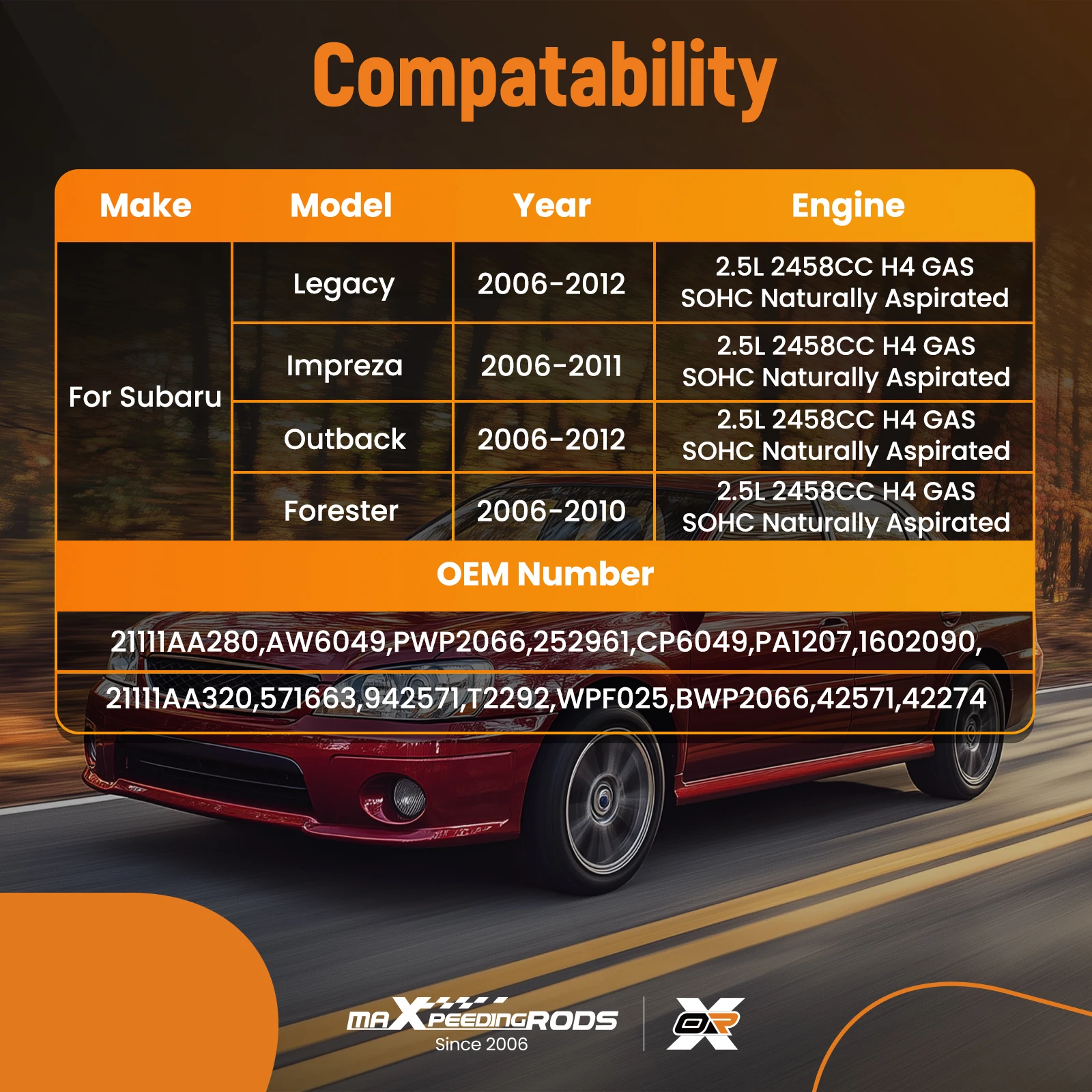 

Coolant Water Pump Kit for Subaru Legacy/Forester 2.5L 2006-2012 US6049 DP737
