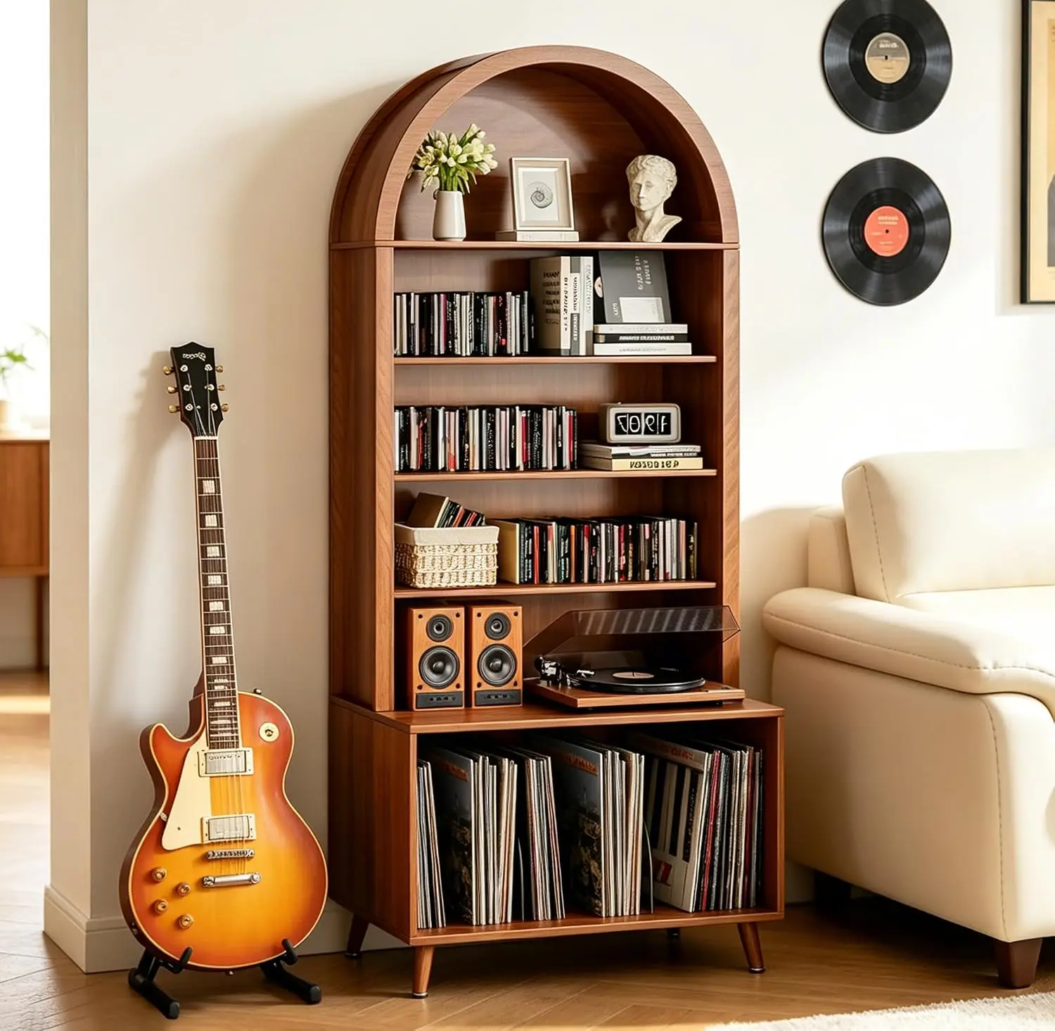 Large Arched Record Player Stand With Vinyl Record Storage 6 Tier Wooden Turntable Stand Display Shelf For Living Room Home Office Bedroom Walnut Brown 1 Pack