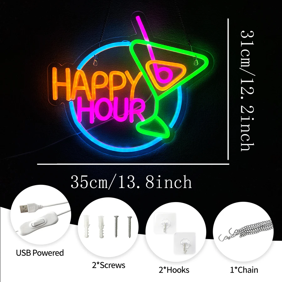 Happy Hour Neon Sign, Cocktail Led Icon Color Letter Light, Usb Powered, Used For Bars, Club Parties, Family Gatherings Decor.