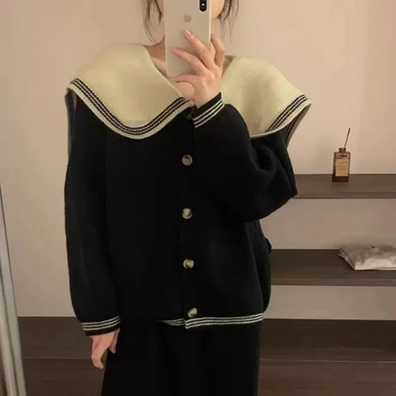 Sweater Cardigan Navy Collar 2024 Autumn New Loose Casual Age-reducing Doll Collar Korean-style Slim Sweater for Women