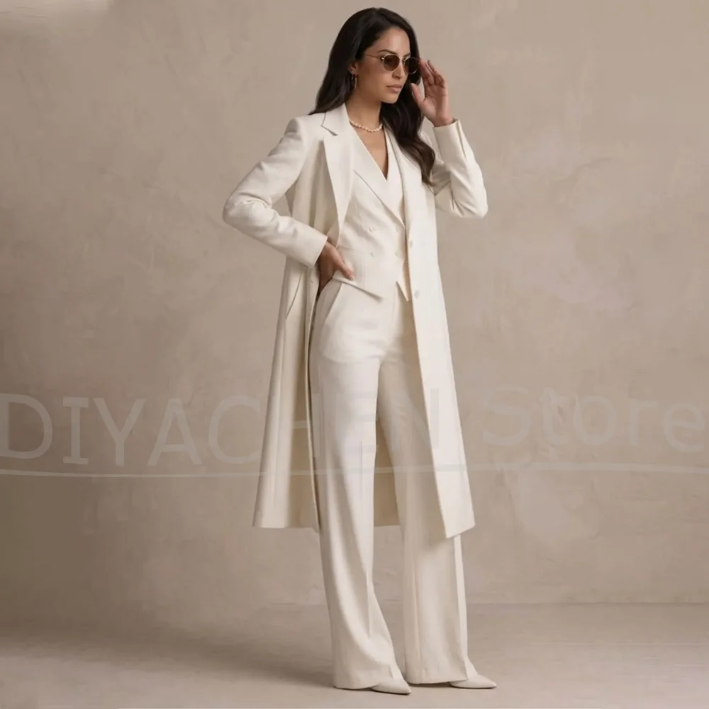 Women 3 Piece Suit Elegant Long Blazer Vest And Wide Leg Trousers Single Breasted Office Business Wedding Guest Party Tuxedo