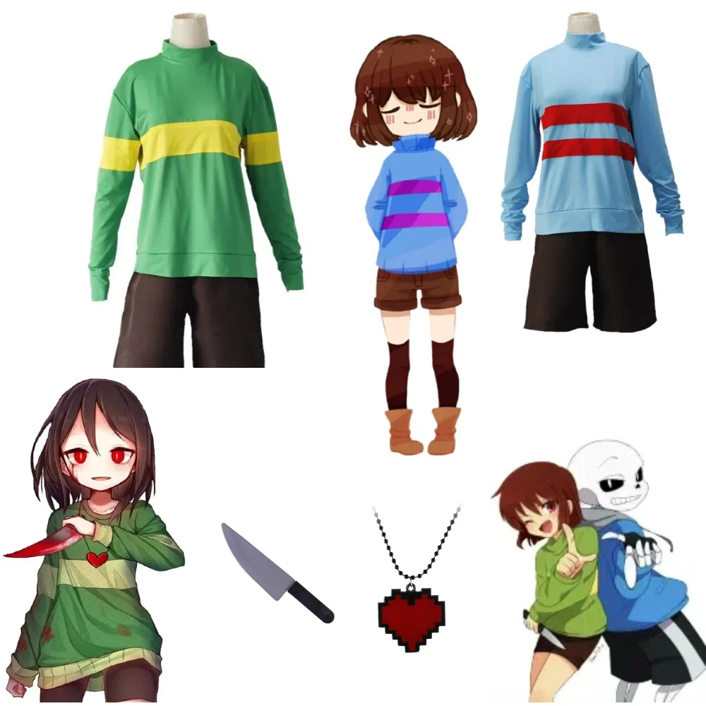 

Game Undertale Frisk Chara Costume Andertail Sportswear High-neck Long-sleeved Halloween Costume Shorts Toy Knife Necklace Gift