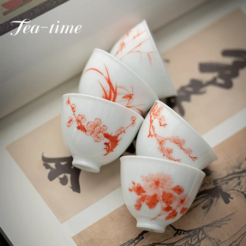 35ml Boutique Pure Hand-painted Orchid Art Ceramic Tea Cup White Porcelain Single Cup Household Kung Fu Tea Master Cup Chazhan