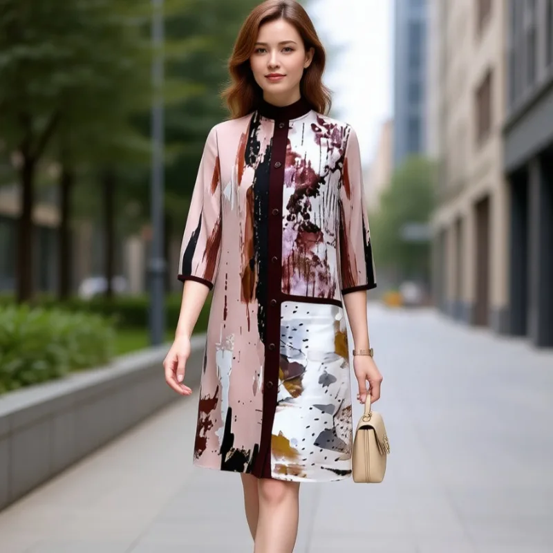 

Miyake плиссированное женское платье 2026, новое однобортное платье-кардиган с полувысоким воротником и семью рукавами, эластичные платья для мам большого размера