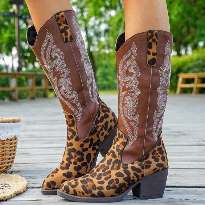 

Women's Mid-Calf Boots Classic Embroidered Western Cowboy Boots Leopard Print Design Thick Heeled Boot Knee High Boots for Women