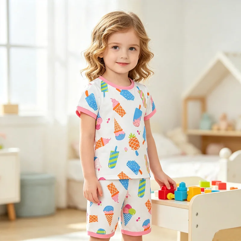 Little Hand Girls Short Sleeve Pajama Set Cartoon Ice Cream Print Summer Loungewear Sleep Suit 100% Cotton for Toddlers 2-7T