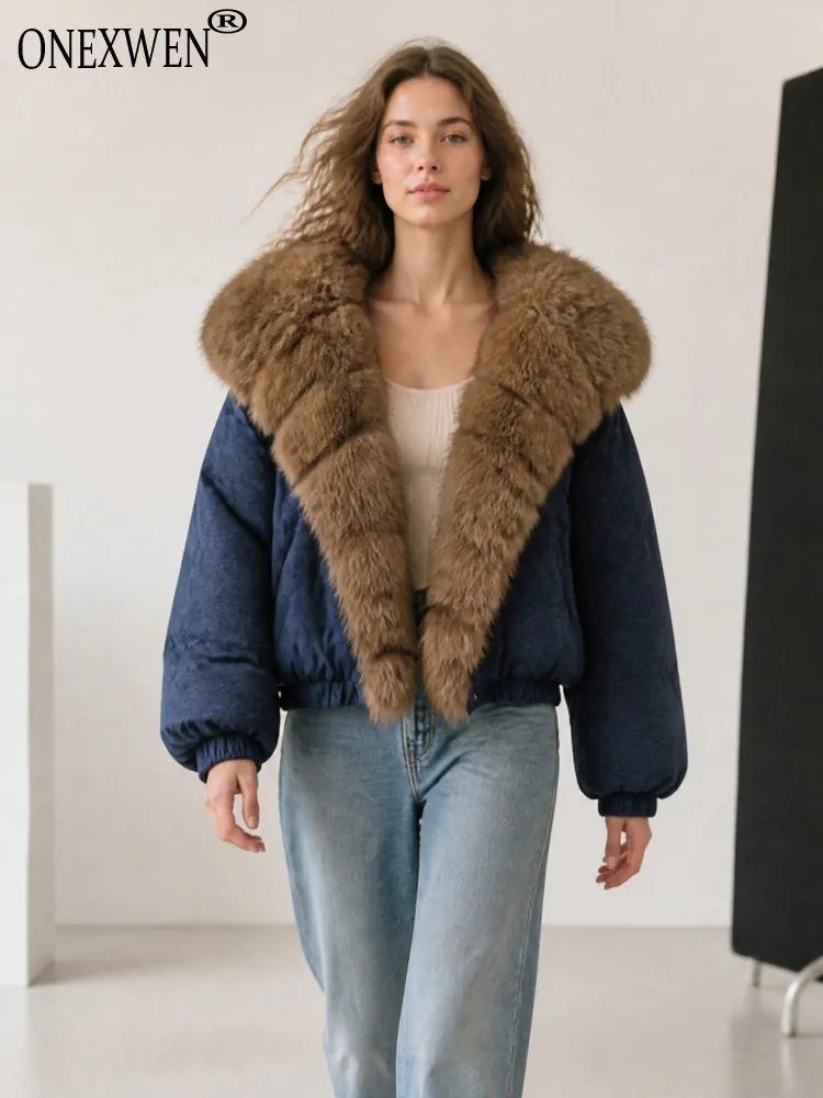 ONEXWEN Women Cropped Puffer Jacket Oversized Tiered Fur V-Collar Short Padded Coat Elastic Cuffs Winter Ladies Outerwear RU55