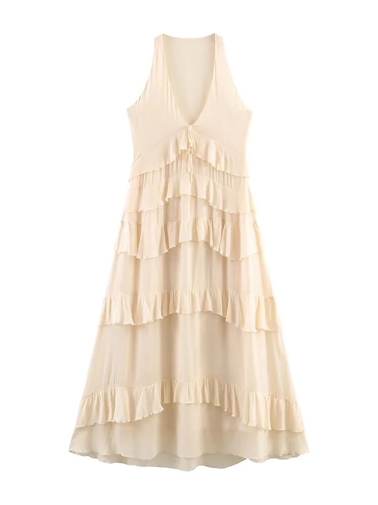 

HH Women Summer Fashion Versatile Layered Decorative Long Dress Female Temperament V-neck Sexy Strappy Sleeveless Dress Mujer