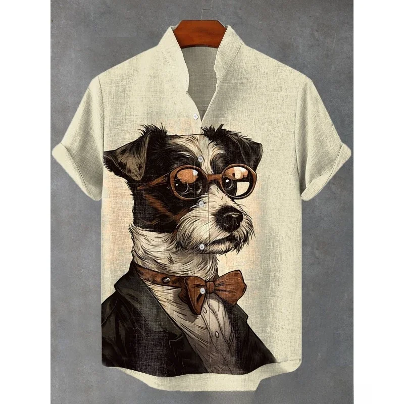 Camisa estampada de buldogue ondulado masculina, arte japonesa, camisa de linho misturado, gola em gola, camisas casuais, Tops engraçados para cães hipster, roupas masculinas