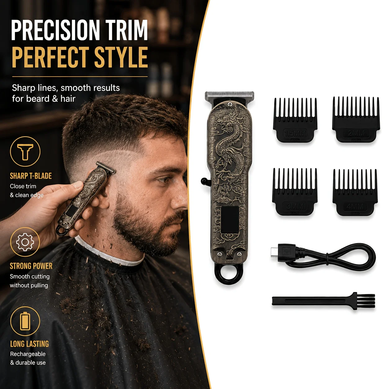Type-C Fast-Charging Electric Hair Clipper with Smart Digital Power Display, Equipped with Four Different Size Guide Combs (1.5mm, 2mm, 3mm, 4mm), Comes with a Dedicated Cleaning Brush, Multi-Color Streamlined Anti-Slip Body, Household Hair Trimmer, Sharp Blade That Doesn'T Get Stuck in Hair, for Men's Sideburn Styling