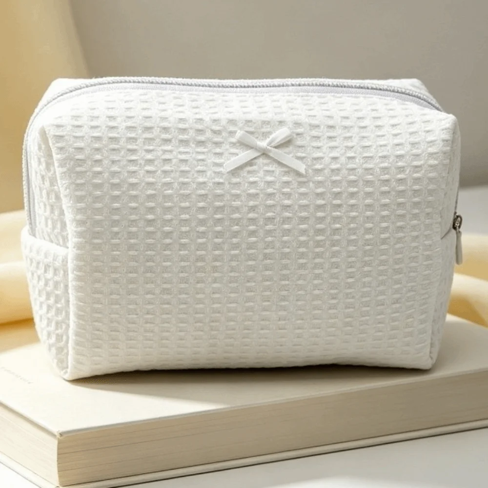 Sweet Bow Decor Waffle Knit Makeup Bag Zipper Large Capacity Cosmetic Bag Portable Lightweight Toiletry Organizer Women