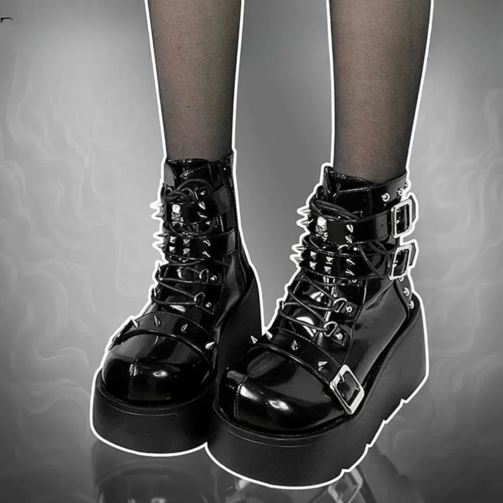 New Gothic Style Platform Vampire Cosplay Women Mid-calf Boots 2024 Winter Wedges Comfy Women Motorcycle Boots Shoes