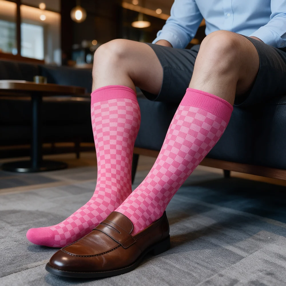 Men's Knee High Dress Socks Checkered Plaid Patterned Colorful Cotton Business Formal Socks for Men Wedding Groomsmen Gift