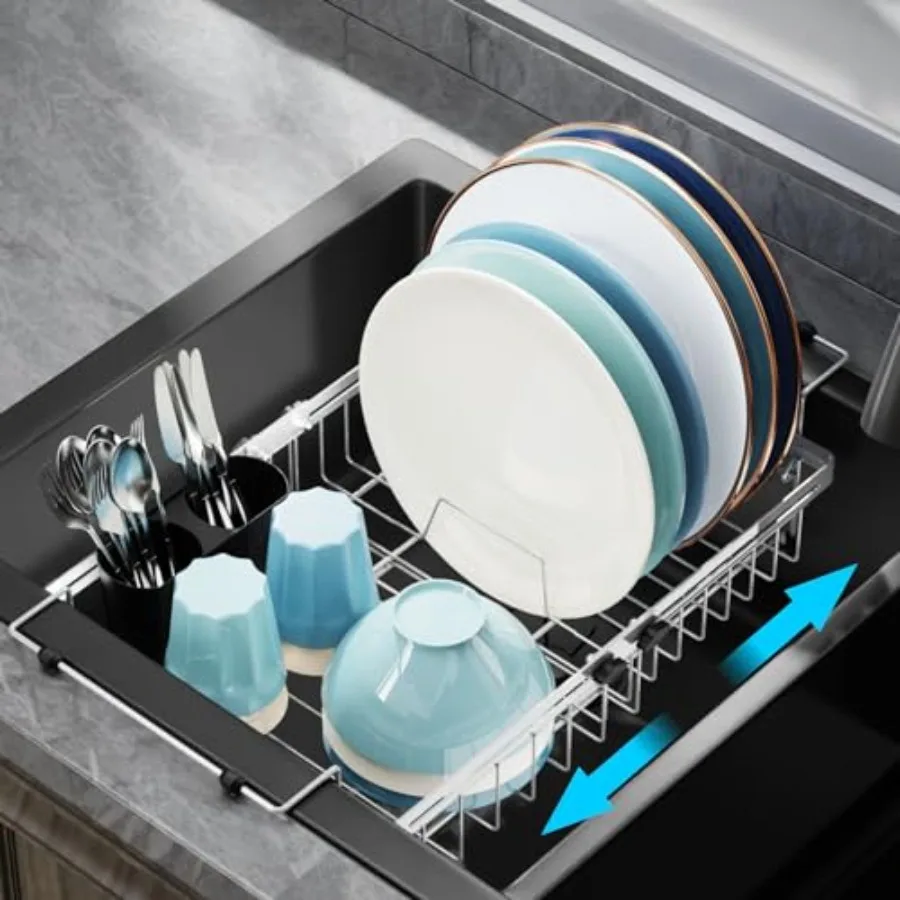 

Expandable in Sink Dish Drying Rack Capacity Adjustable Stainless Steel Over The Sink Dish Drainer with Lock Knob and Utensil H
