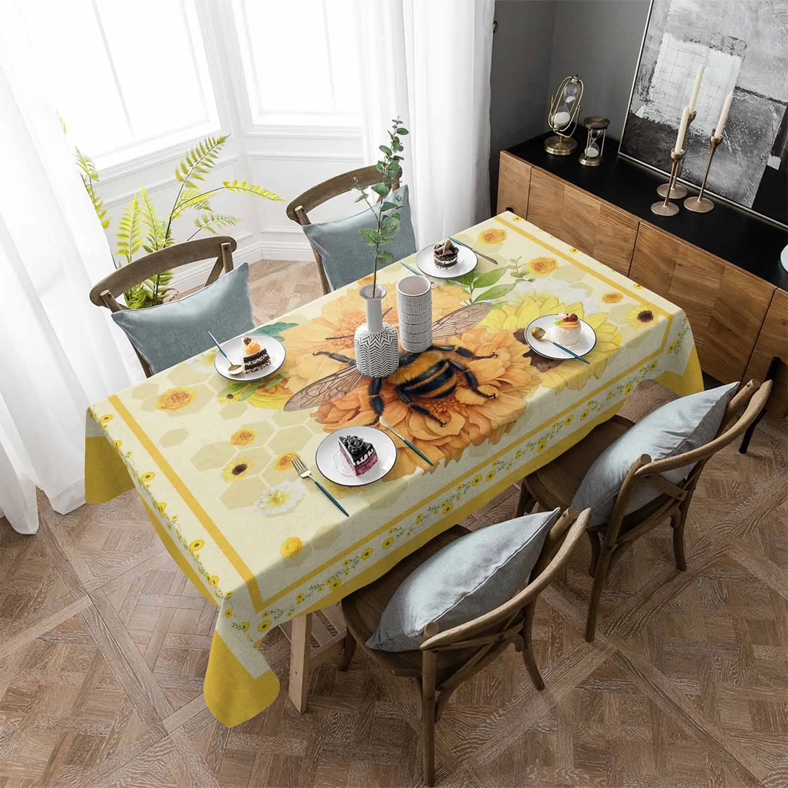 

Flowers Bees Animals Honeycomb Yellow Anti-scalding Waterproof Tablecloth Rectangular Round Table Cover Kitchen Furnishings