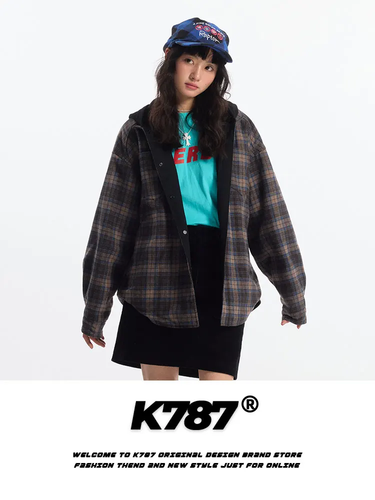 

K787 American Retro Street Sle Hoodie Jaet ex Loose Fit Couple's Outerwear Cotton Long Sve Button Plaet