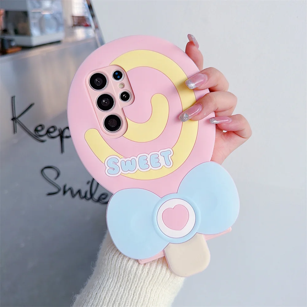 

Sweet Kawaii Pastel 3D Bow Lollipop Phone Case for S26 Ultra Soft Silicone Protect Cover for SamSung Galaxy S25 S24 S23 A57 A56