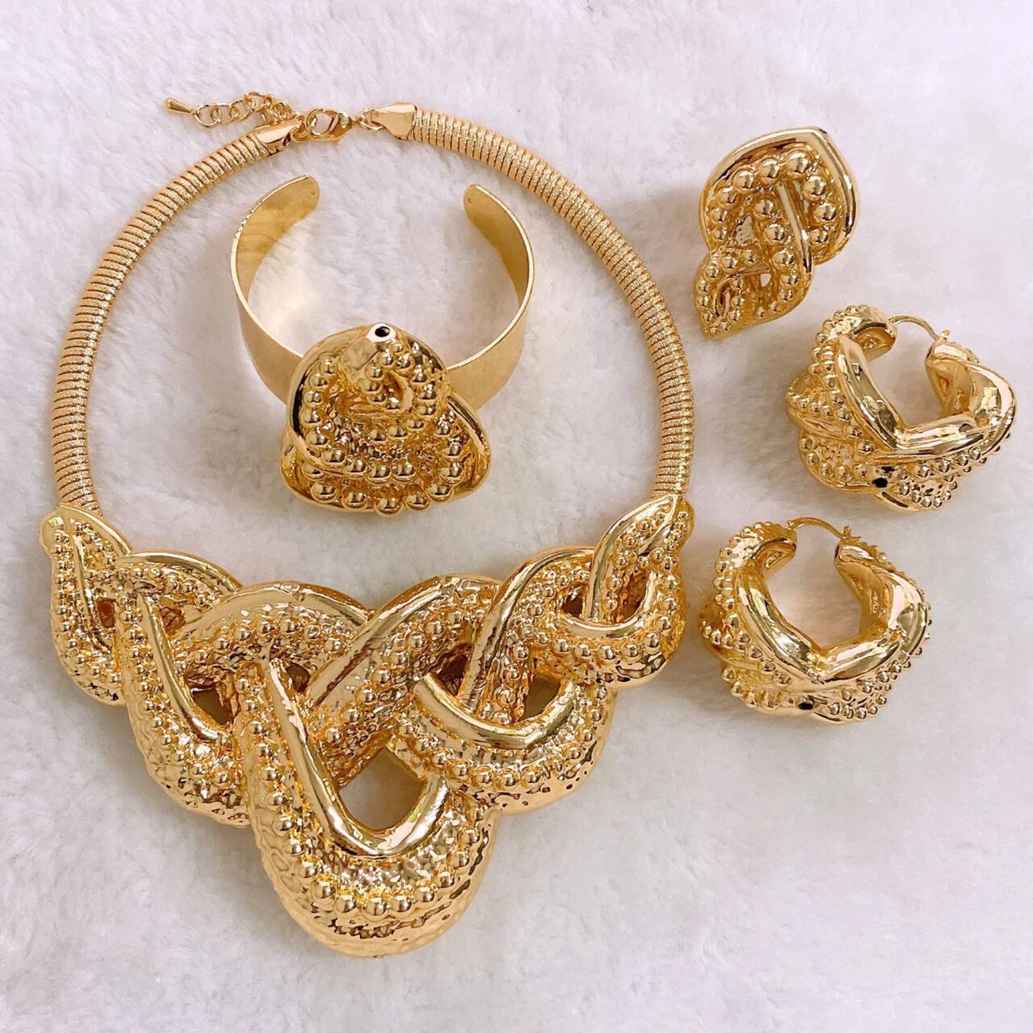 18k Gold Plated Woman's Jewelries Necklace Earrings Bracelet Bangle Ring Set Skin Friendly