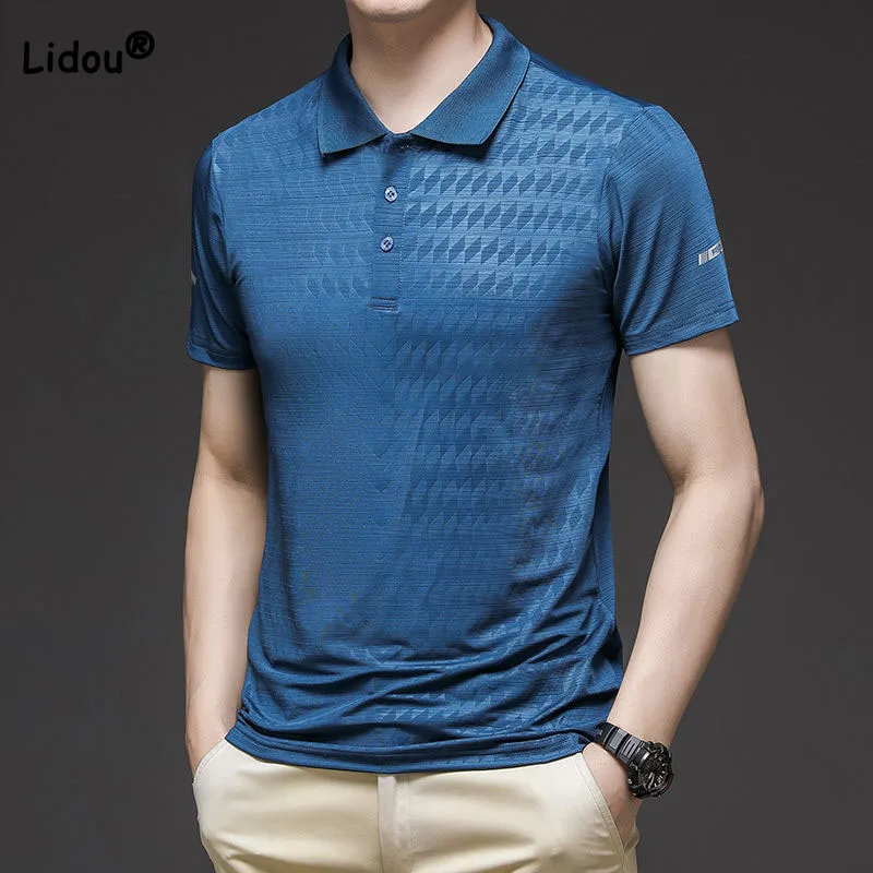 

Trend Polo-Neck Business Casual Men's Shirt 2023 Summer Male Clothes Simplicity Handsome Solid Color Short Sleeve Slim T-shirt